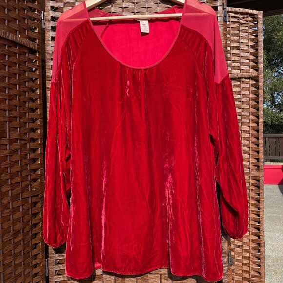 Sundance Tops - Red Sundance Mesh / Velvet top, Size L